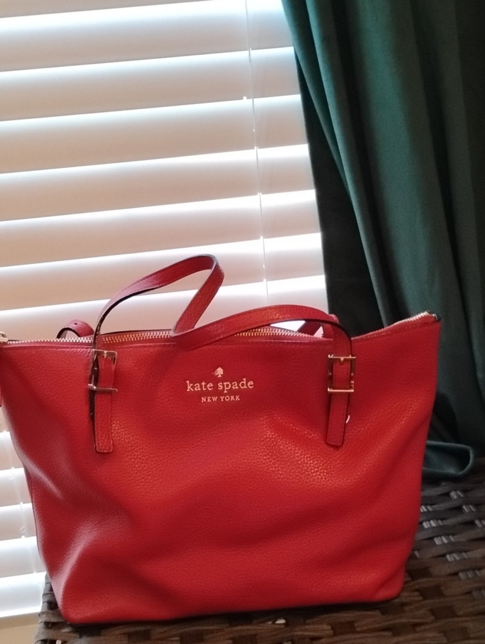 kate spade red pebbled leather tote with gold logo